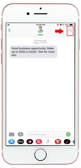 The information icon next to a text message